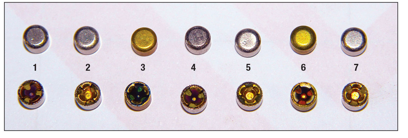 Test primers are arranged here in order of brisance. Tested were (1) Federal Champion No. 205, (2) CCI No. 400, (3) Winchester WSR, (4) Federal Premium Gold Metal No. 205 Match (GM205M), (5) CCI BR-4, (6) Remington No. 71⁄2 and (7) CCI No. 450 Small Rifle Magnum.